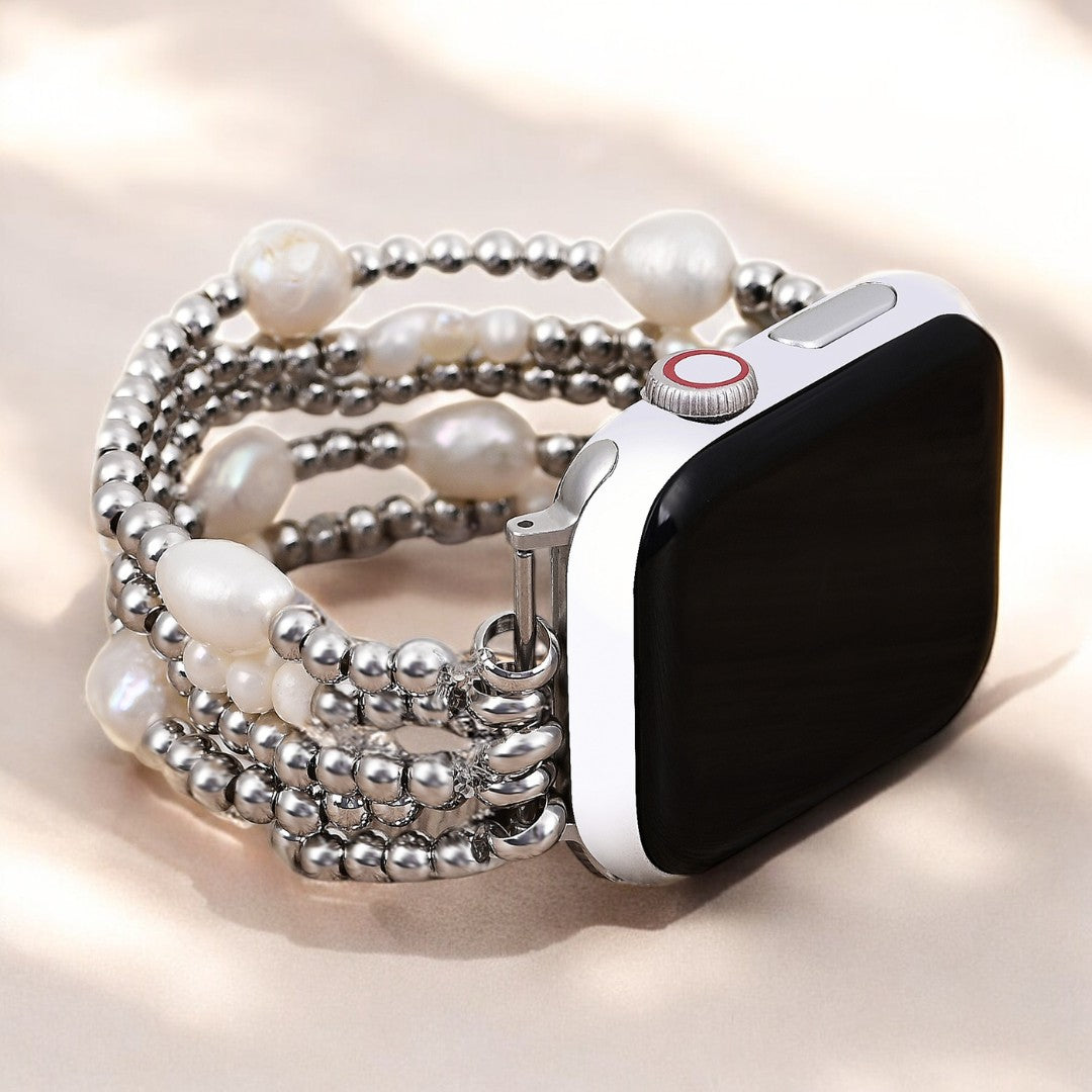 Pearl and Silver Stretch Apple Watch Strap