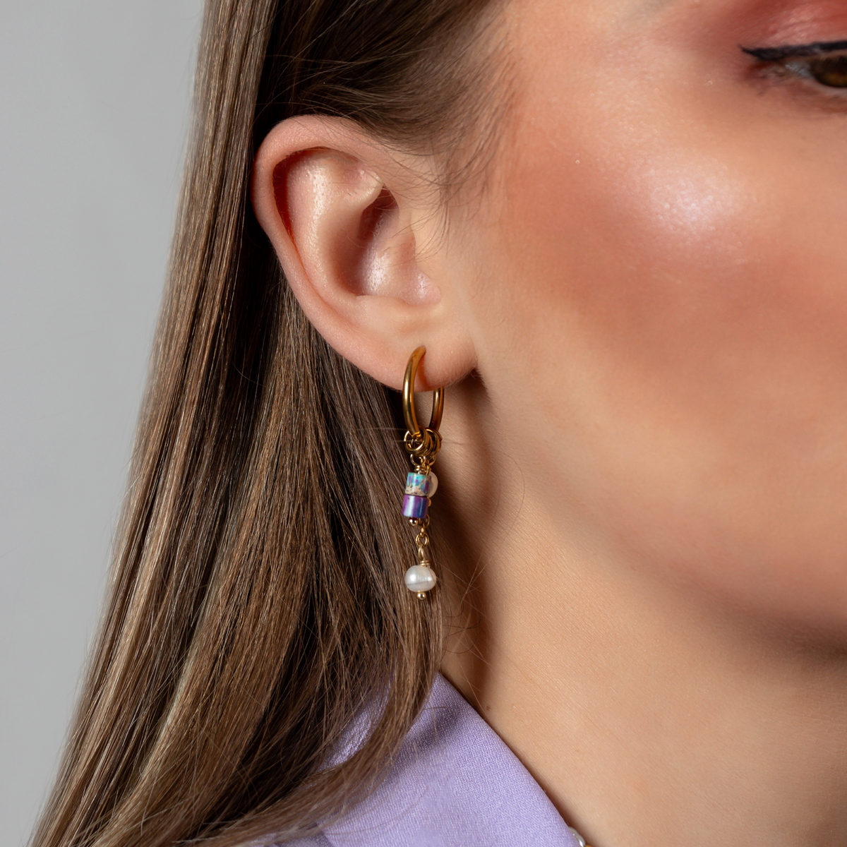 Golden Amethyst Bloom Drop Hoop Earrings