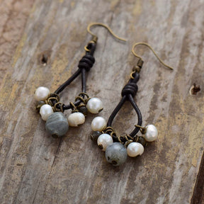 Pearls & Labradorite Leather Earrings - Cape Diablo